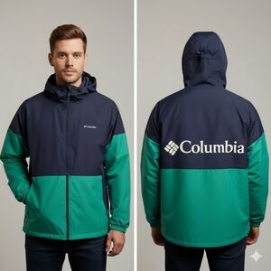 Columbia Men's XL Windbreaker Jacket Hooded Full Zip Blue Green Nylon Retro Logo